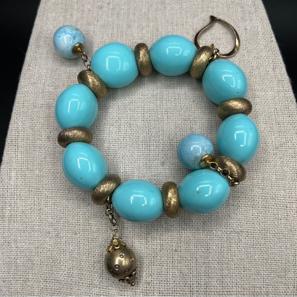 Beautiful Statement Stretch Bracelet Turquoise Glass Bead Charms Chunky Heavy